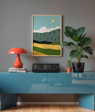 Minimalist Landscape with Hills and Sun