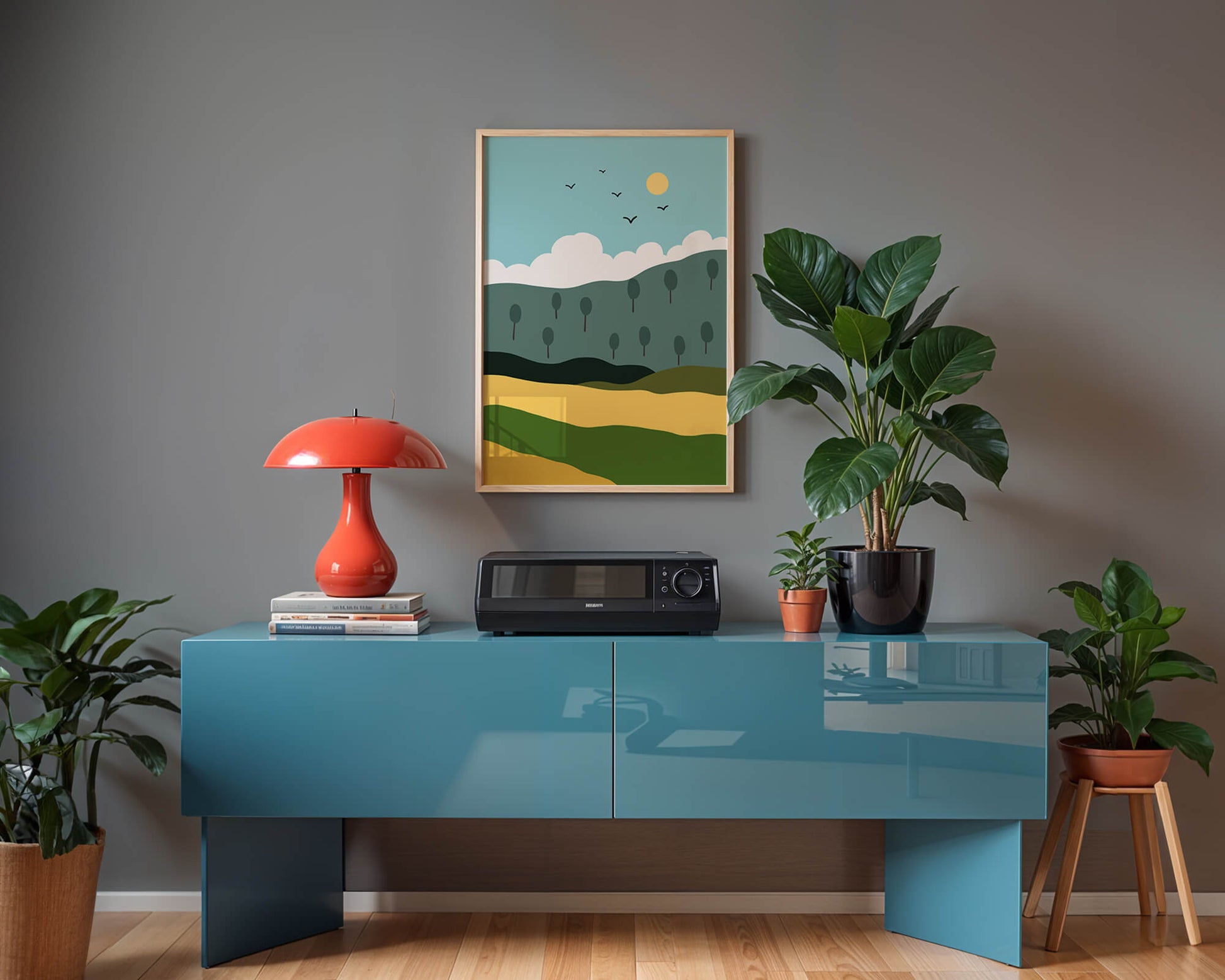 Minimalist Landscape with Hills and Sun