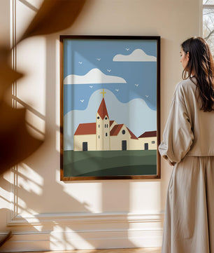 Idyllic Church Landscape with Golden Cross and Blue Sky