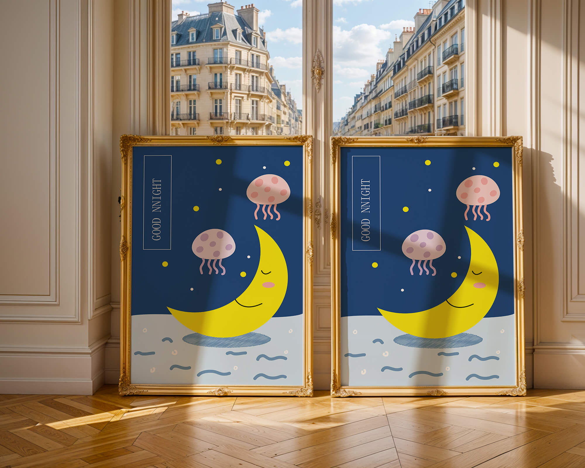 Whimsical night scene with a smiling moon and playful jellyfish