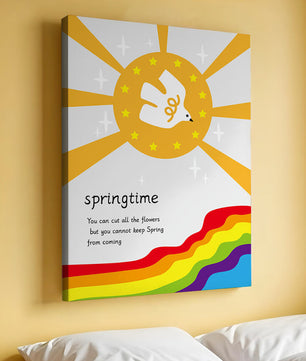 Colorful springtime illustration with dove and rainbow