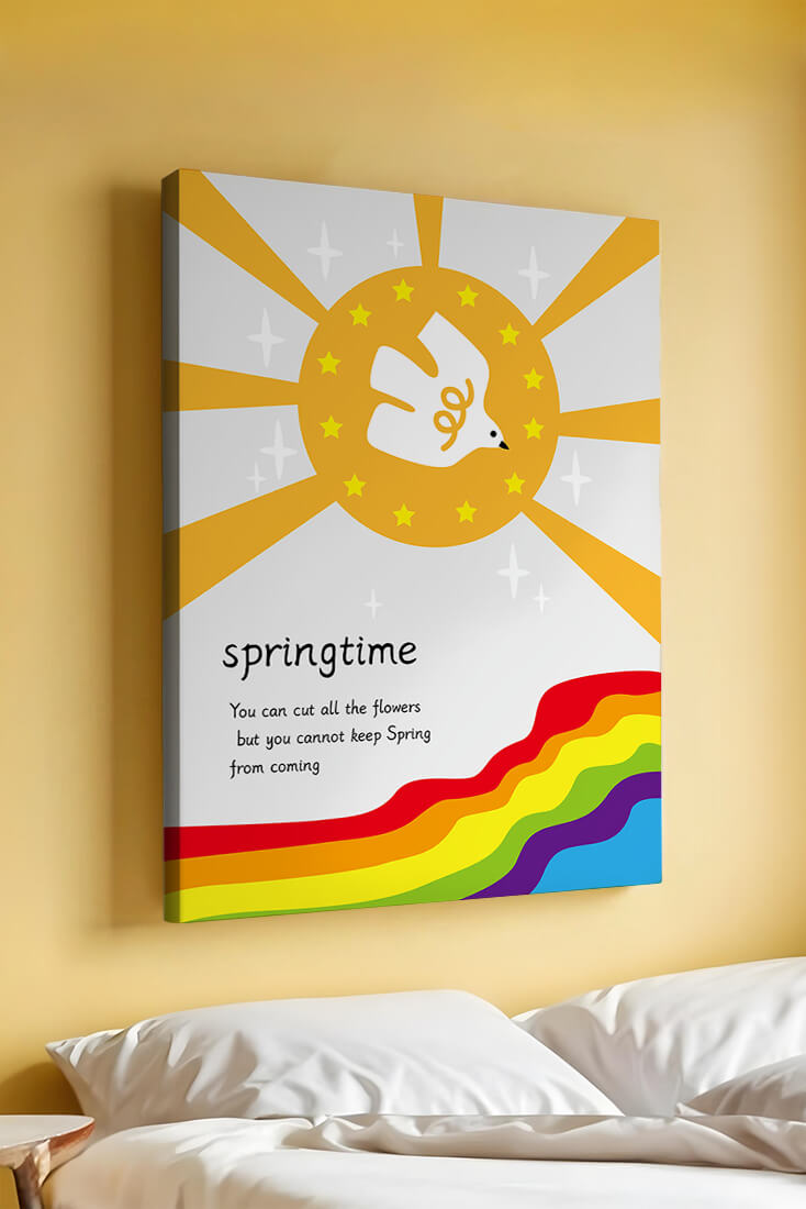 Colorful springtime illustration with dove and rainbow