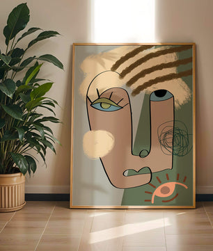 Retrato abstracto con formas geométricas y tonos terrosos