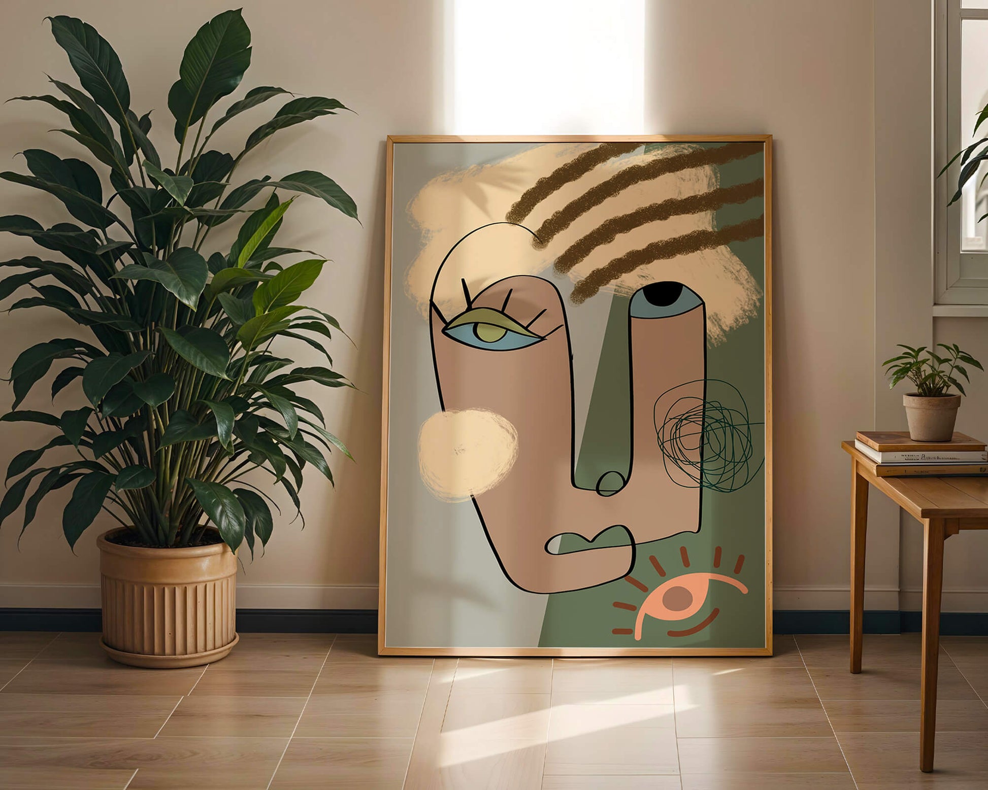 Retrato abstracto con formas geométricas y tonos terrosos.