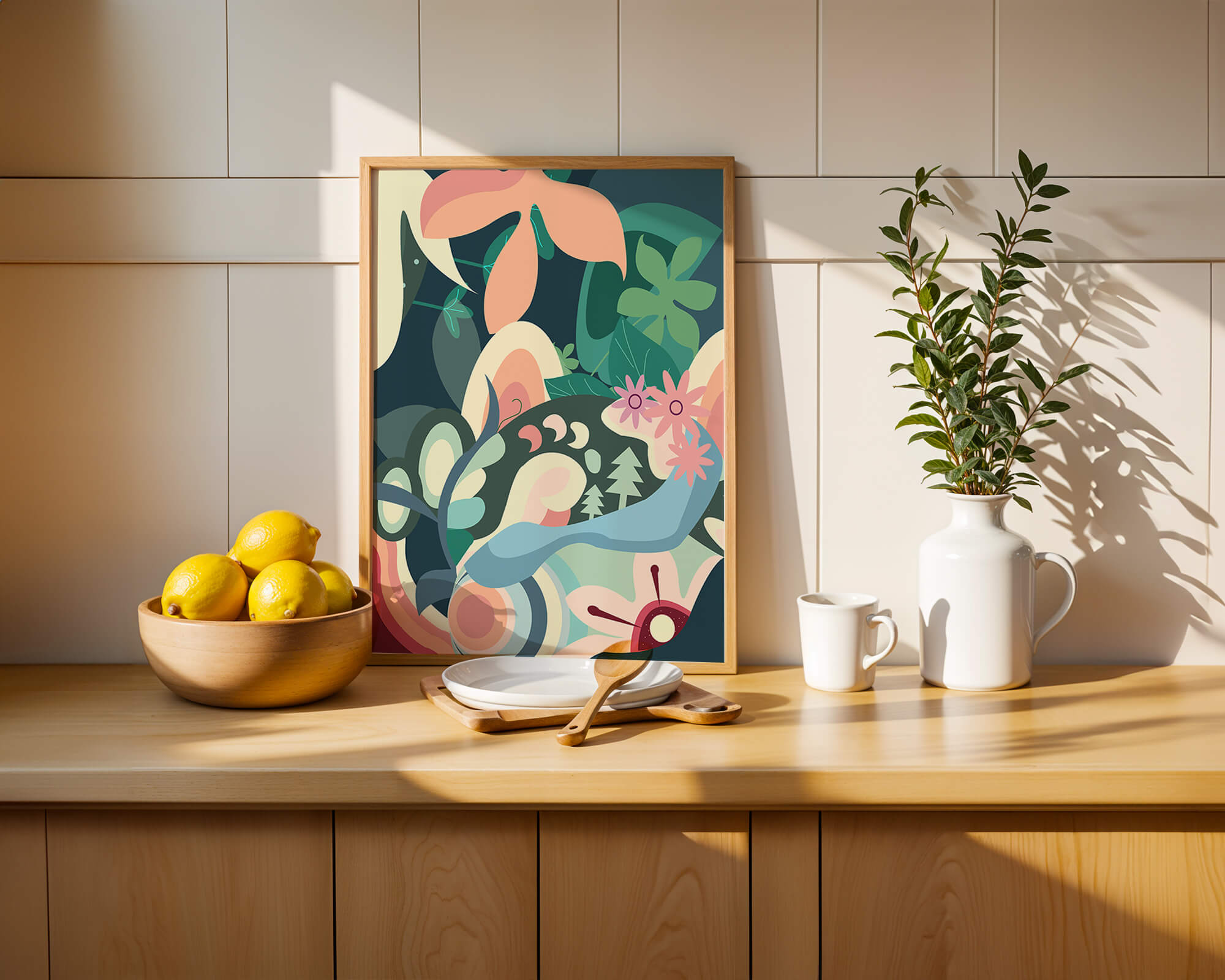 Abstract floral illustration with pastel colors and nature elements