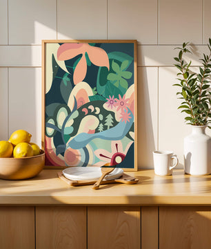 Abstract floral illustration with pastel colors and nature elements