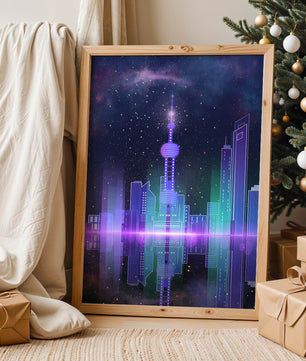 Futuristische Skyline mit leuchtenden Türmen unter sternenklarer Nacht