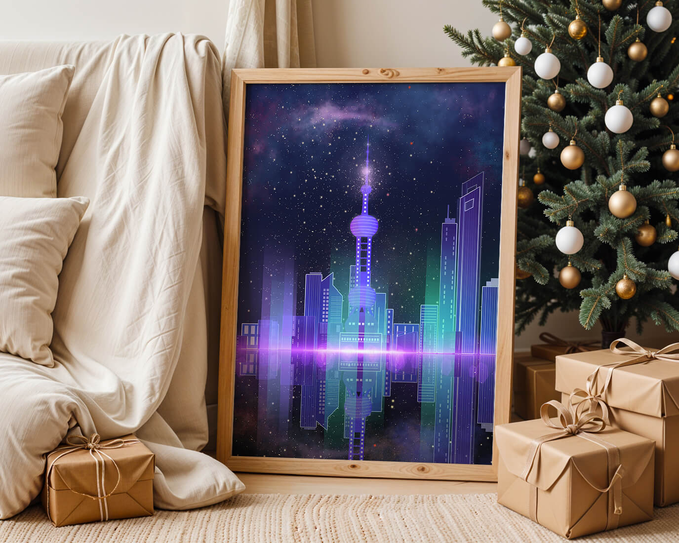 Futuristische Skyline mit leuchtenden Türmen unter sternenklarer Nacht