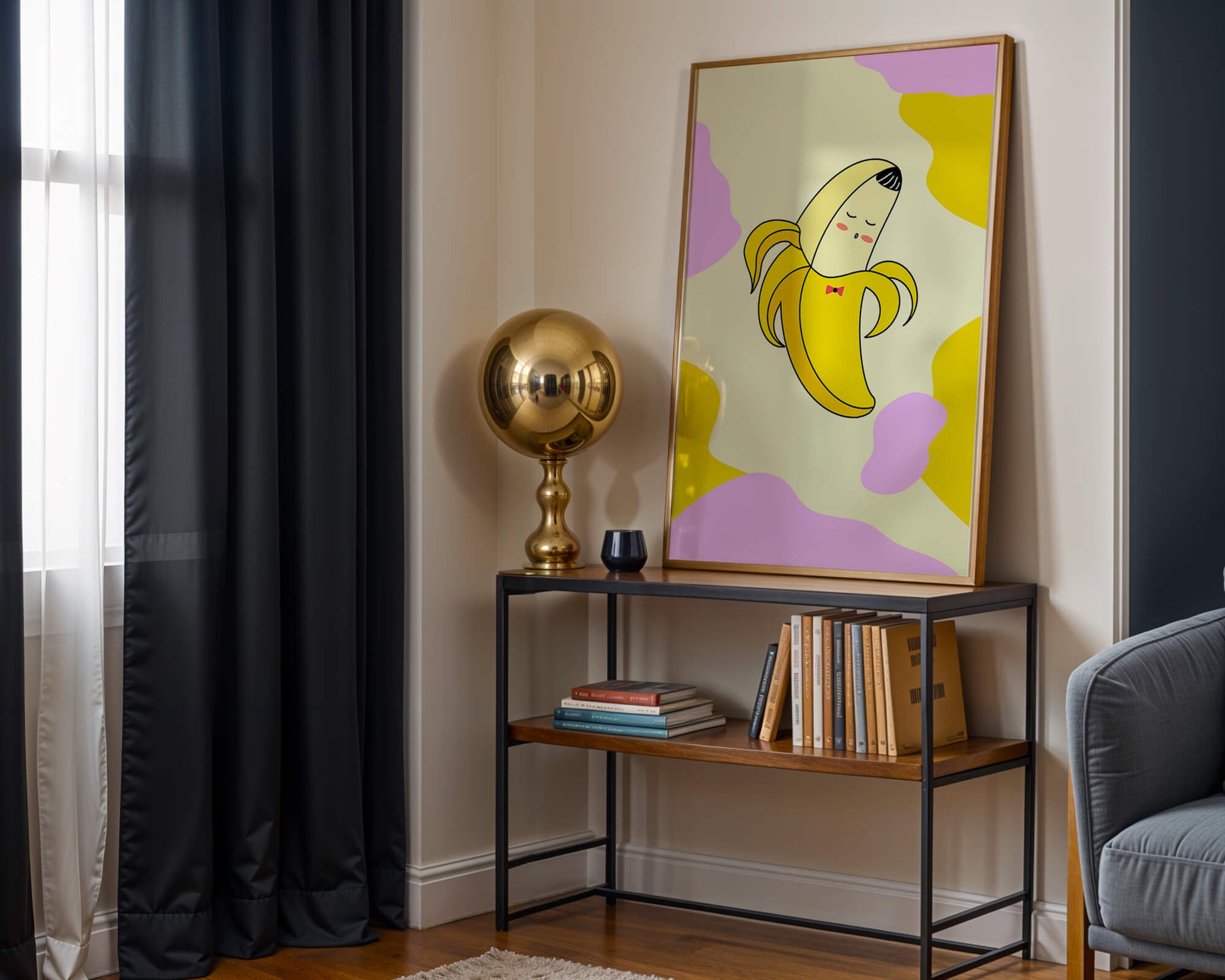 Quirky animated banana with bow tie on colorful abstract background
