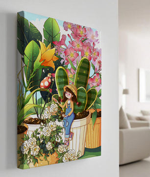 Charmante scène de jardin avec une jeune fille et des fleurs éclatantes