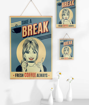 Retro Coffee Break Poster with Woman Holding a Cup - Mi tienda