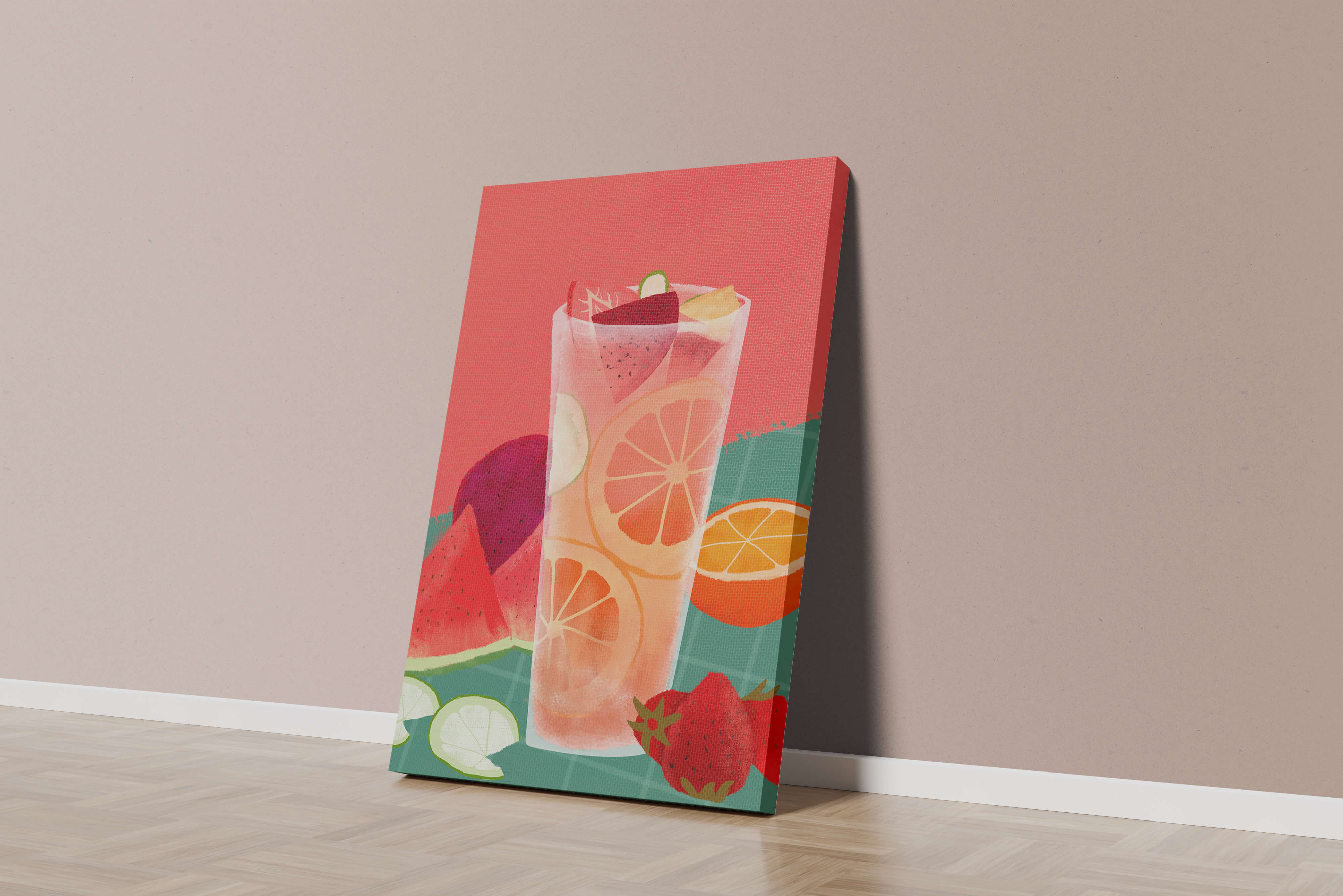 Erfrischende Fruchtcocktail-Illustration mit Zitrusfrüchten und Wassermelone