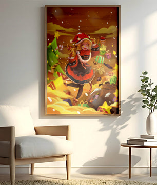 Festive anime character surrounded by gifts and holiday decor