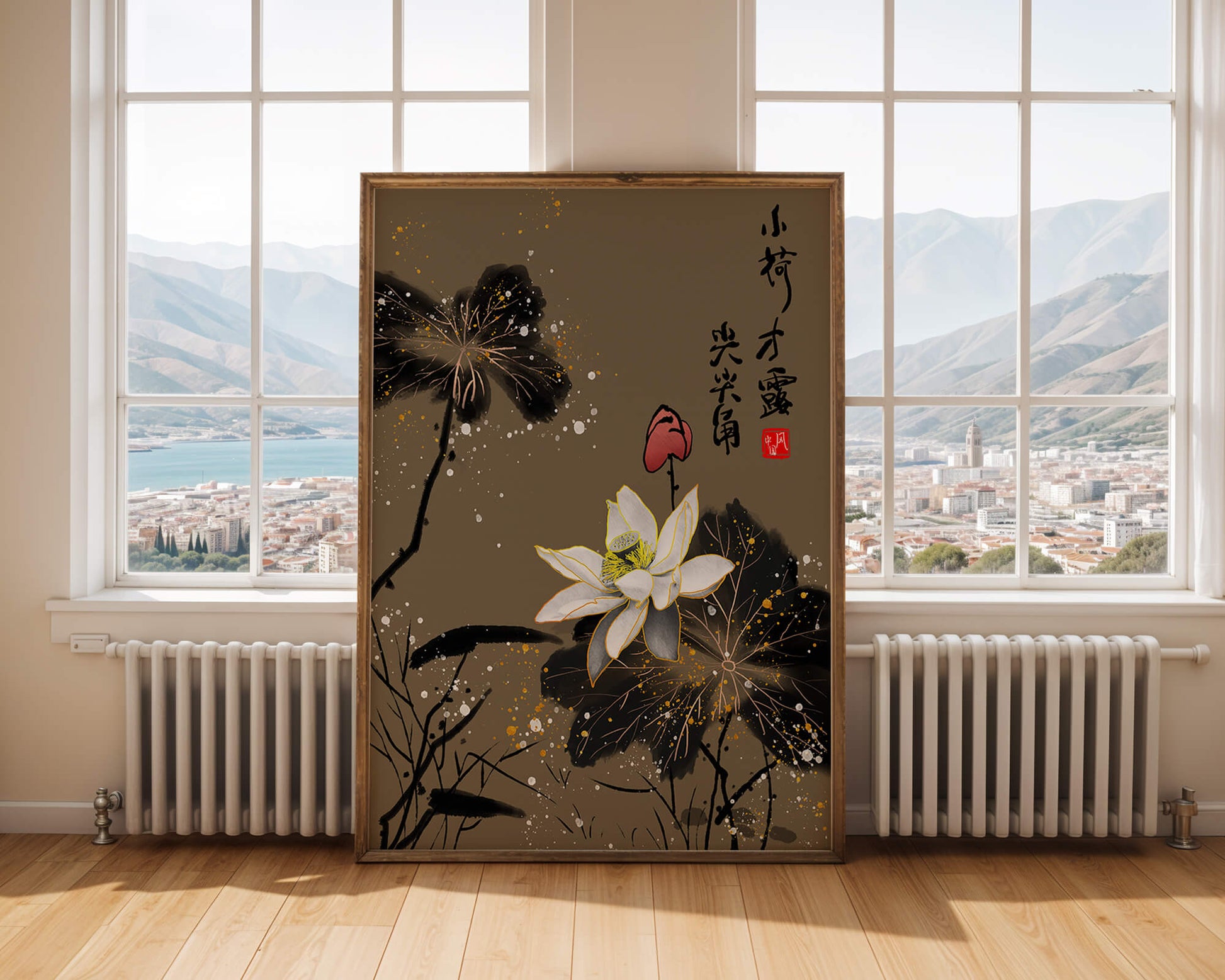 Elegant oriental floral art with gold accents and calligraphy