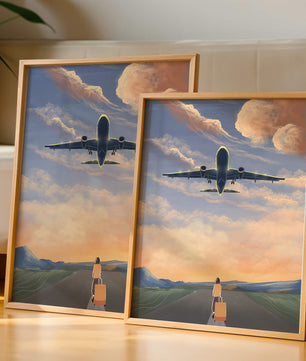 Serene airport departure with airplane and traveler at sunset