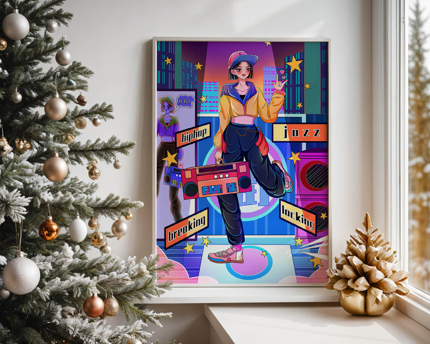 Colorful urban dance scene with hip hop and jazz elements