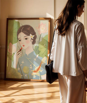 Elegant Woman in Traditional Dress with Lotus and Koi Fish - Mi tienda