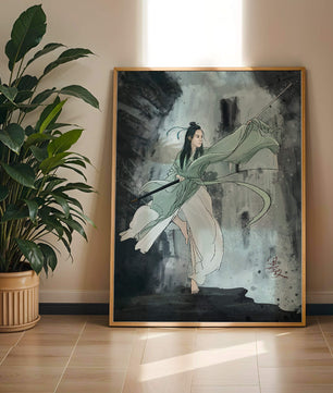 Dynamic illustration of a warrior in flowing robes with a spear
