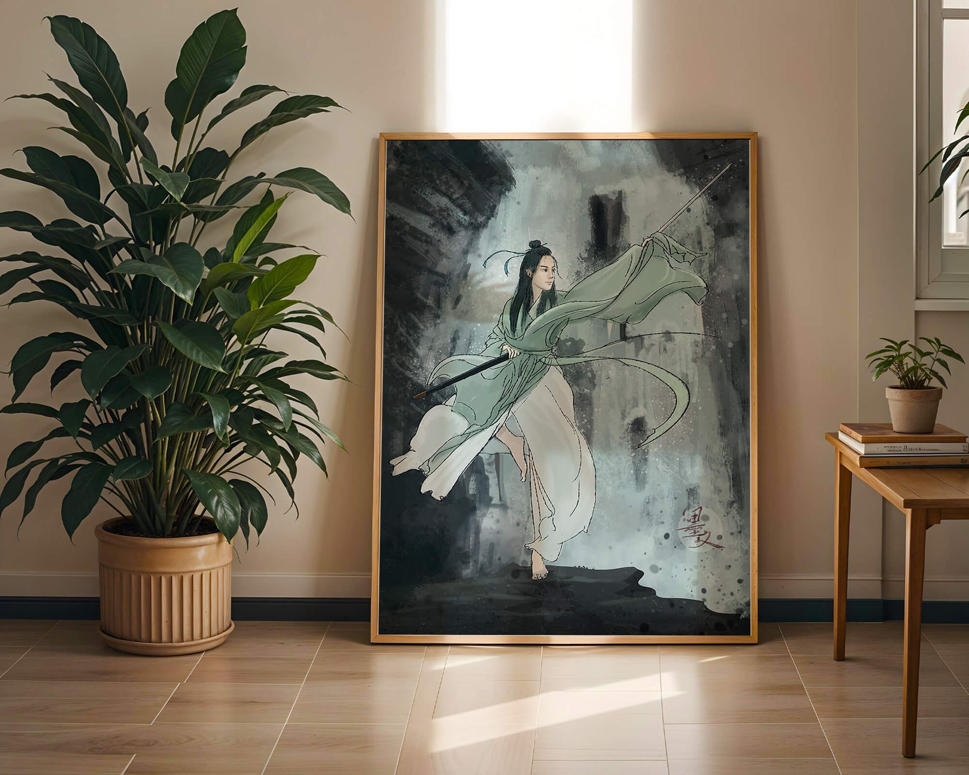 Dynamic illustration of a warrior in flowing robes with a spear