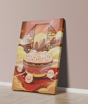 Dumplings de dibujos animados encantadores en un cuenco decorativo en medio de la niebla