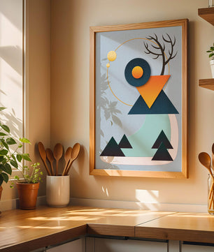 Abstract Geometric Landscape with Mountain and Sun - Mi tienda