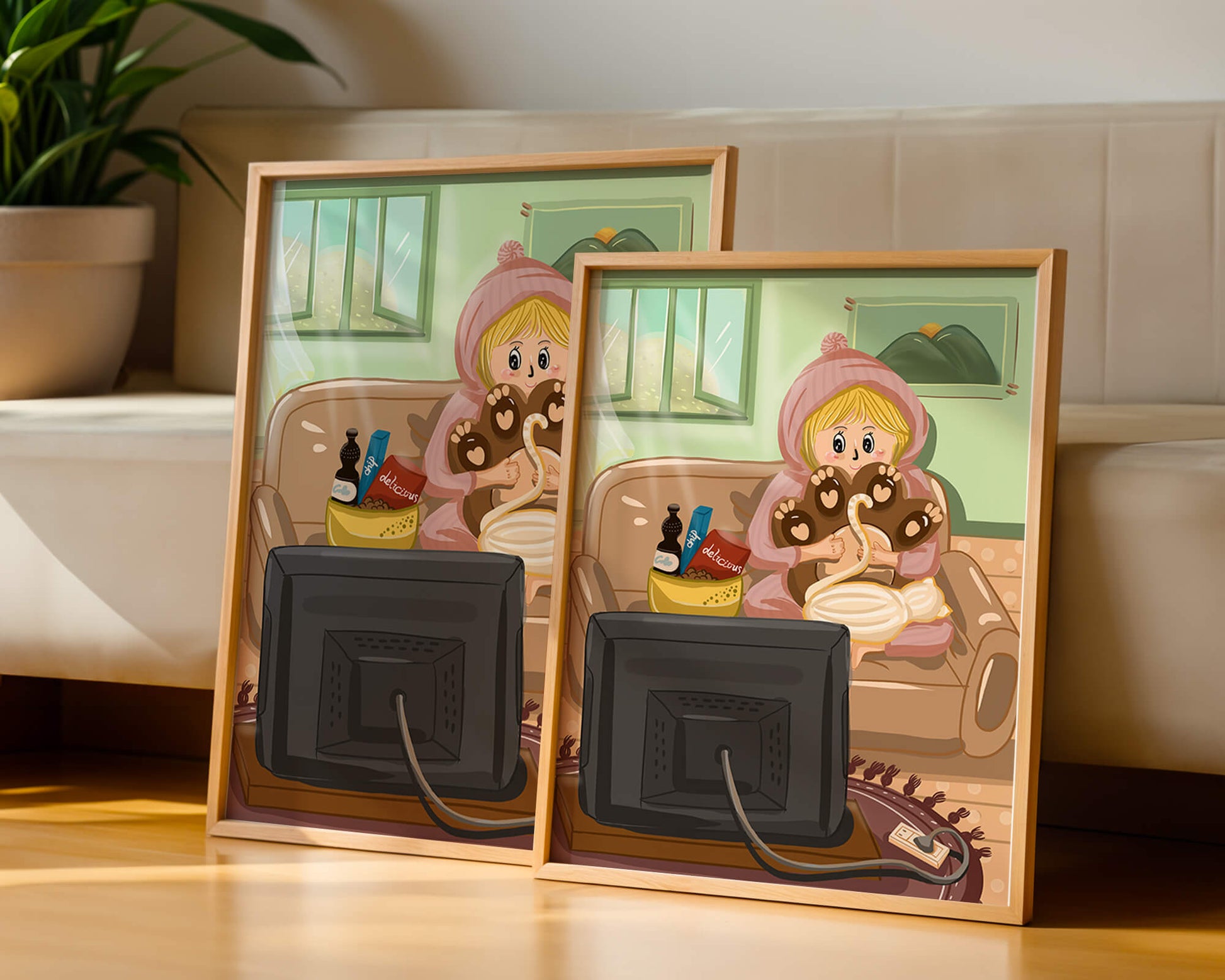 Cozy cartoon scene: person with cat and snacks on a sofa