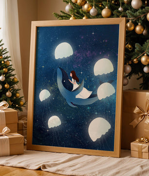 Dreamlike scene of a girl riding a whale among jellyfish in space