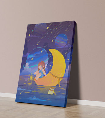 Whimsical child sitting on a crescent moon amidst a starlit cosmic scene