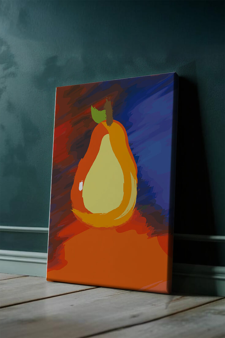 Pintura abstracta de una pera colorida sobre un fondo vibrante.