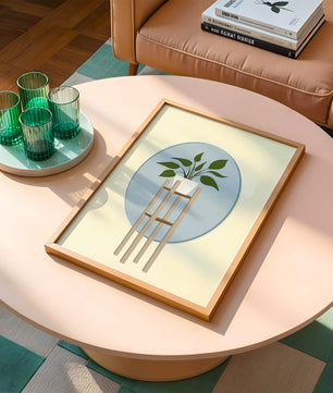 Illustration botanique moderne d'une plante en pot sur un support en bois
