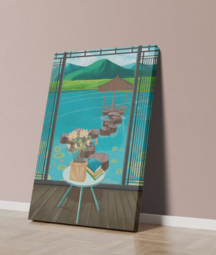 Scenic view from a room overlooking a tranquil water garden with stepping stones and mountains