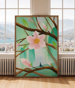 Obra floral serena con una gran flor rosa en las ramas de un árbol