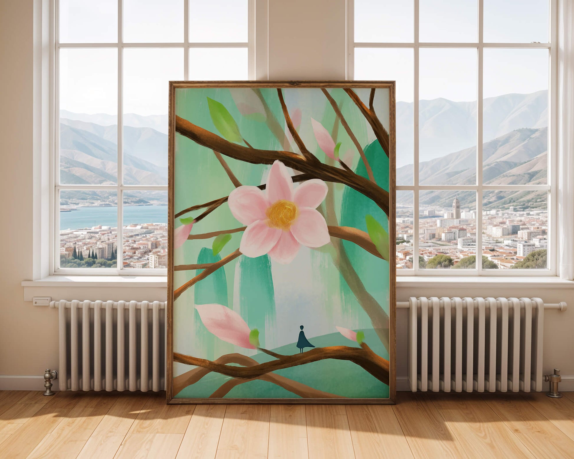 Serene floral artwork with large pink flower on tree branches