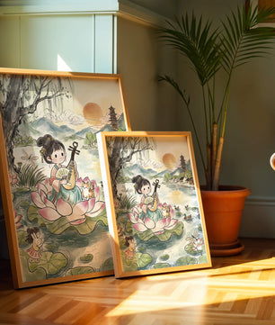 Traditional Asian Scenery with Girl Playing Instrument on Lotus Pond at Sunset