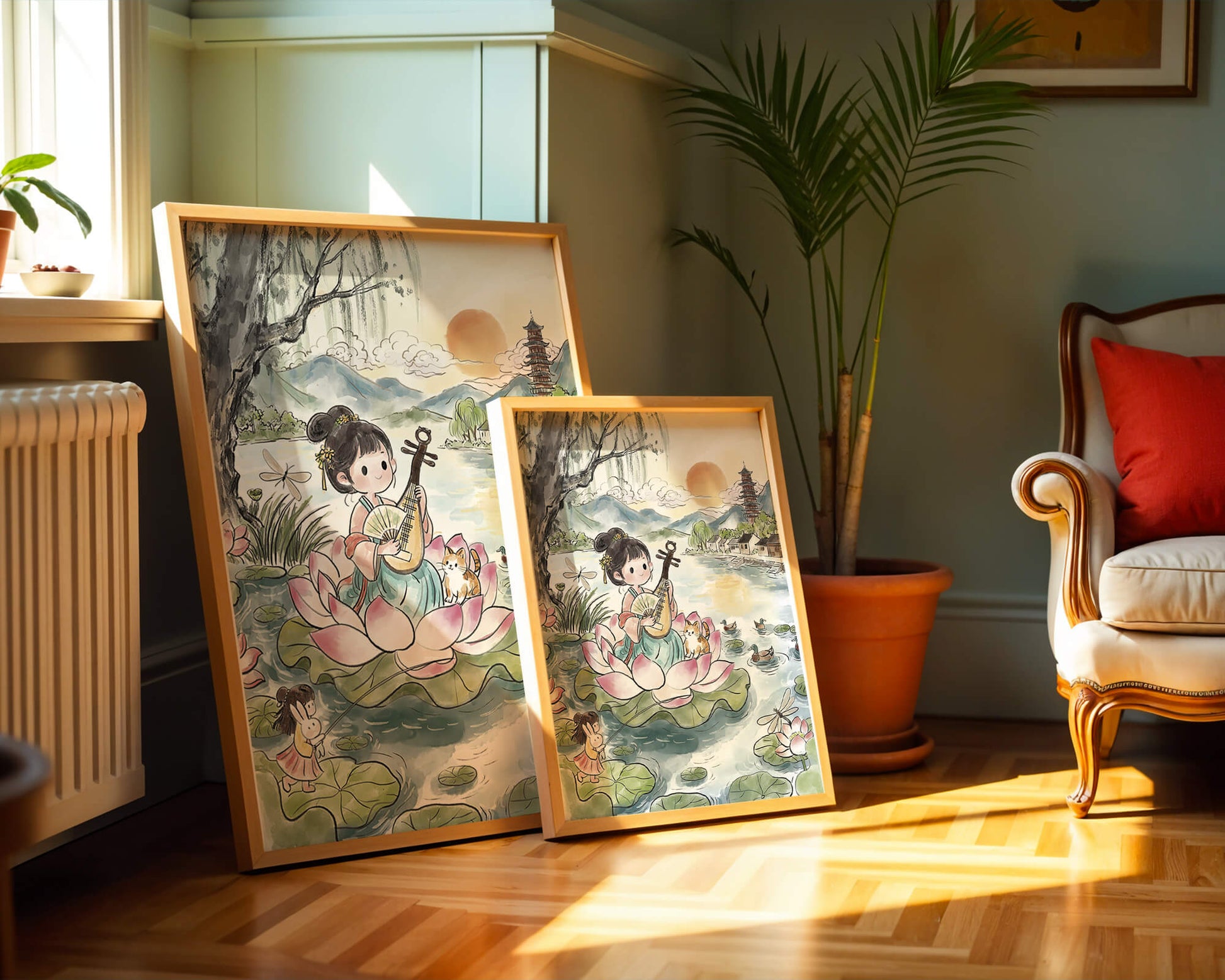 Traditional Asian Scenery with Girl Playing Instrument on Lotus Pond at Sunset