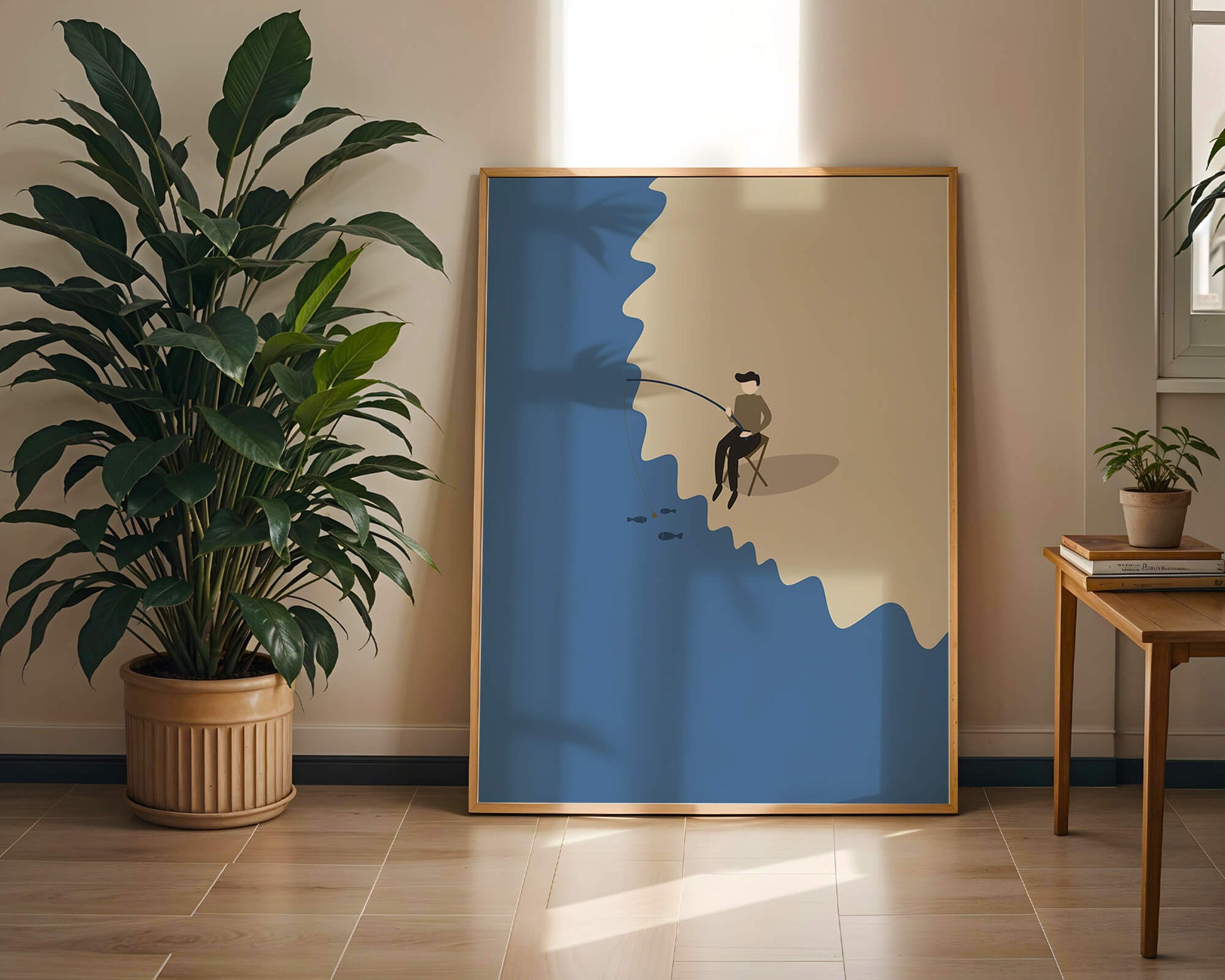 Ilustración minimalista de una persona pescando por el mar