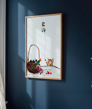 Juguetón gatito con frutas y arte de caligrafía