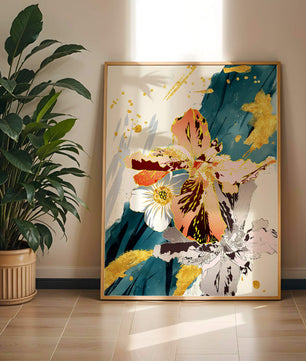 Obra de arte floral abstracta elegante con detalles dorados