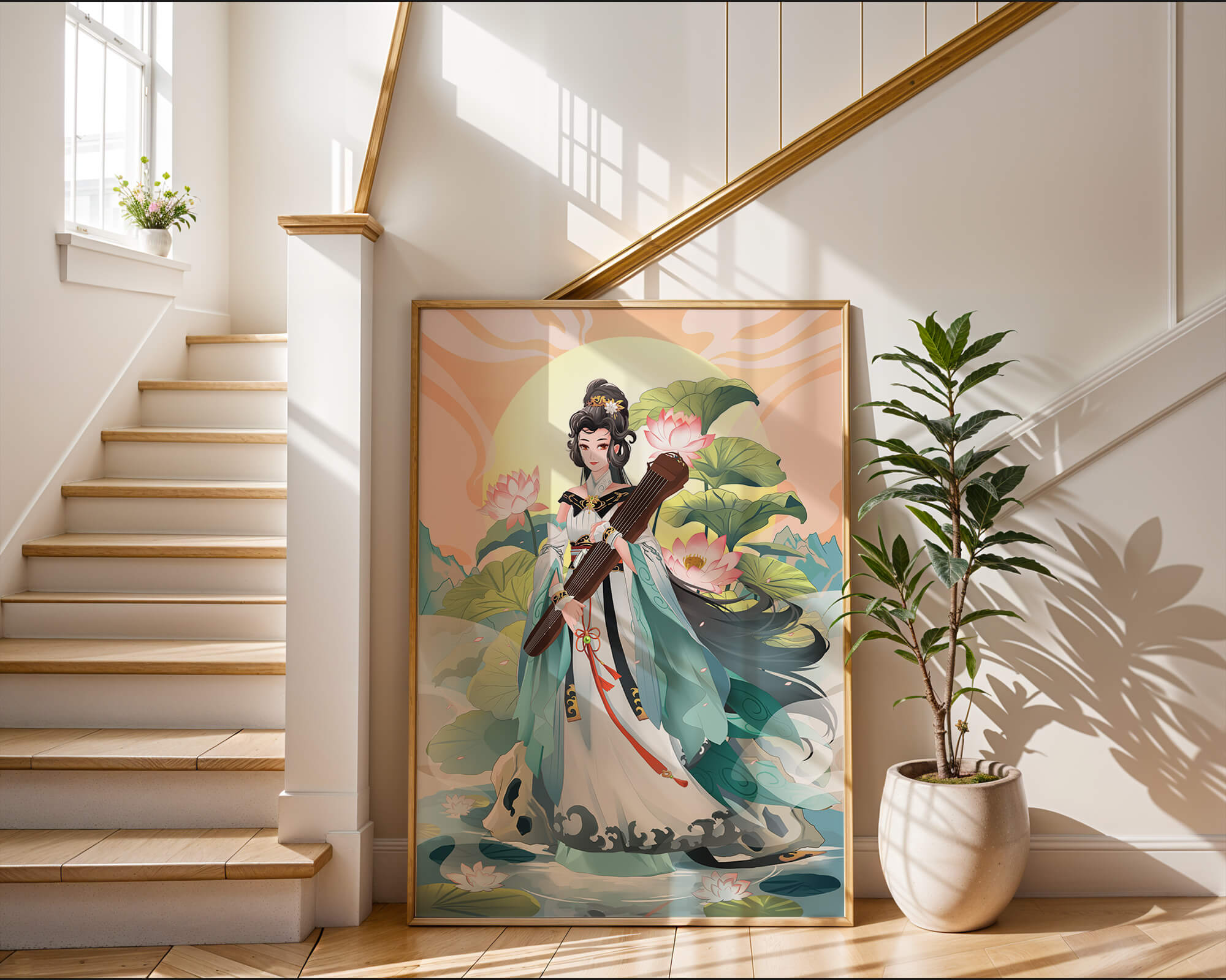 Elegant woman with traditional clothing and musical instrument in serene nature setting