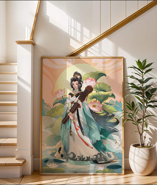 Elegant woman with traditional clothing and musical instrument in serene nature setting