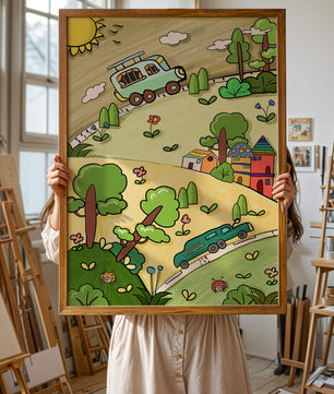 Whimsical landscape with houses, cars, and colorful flora