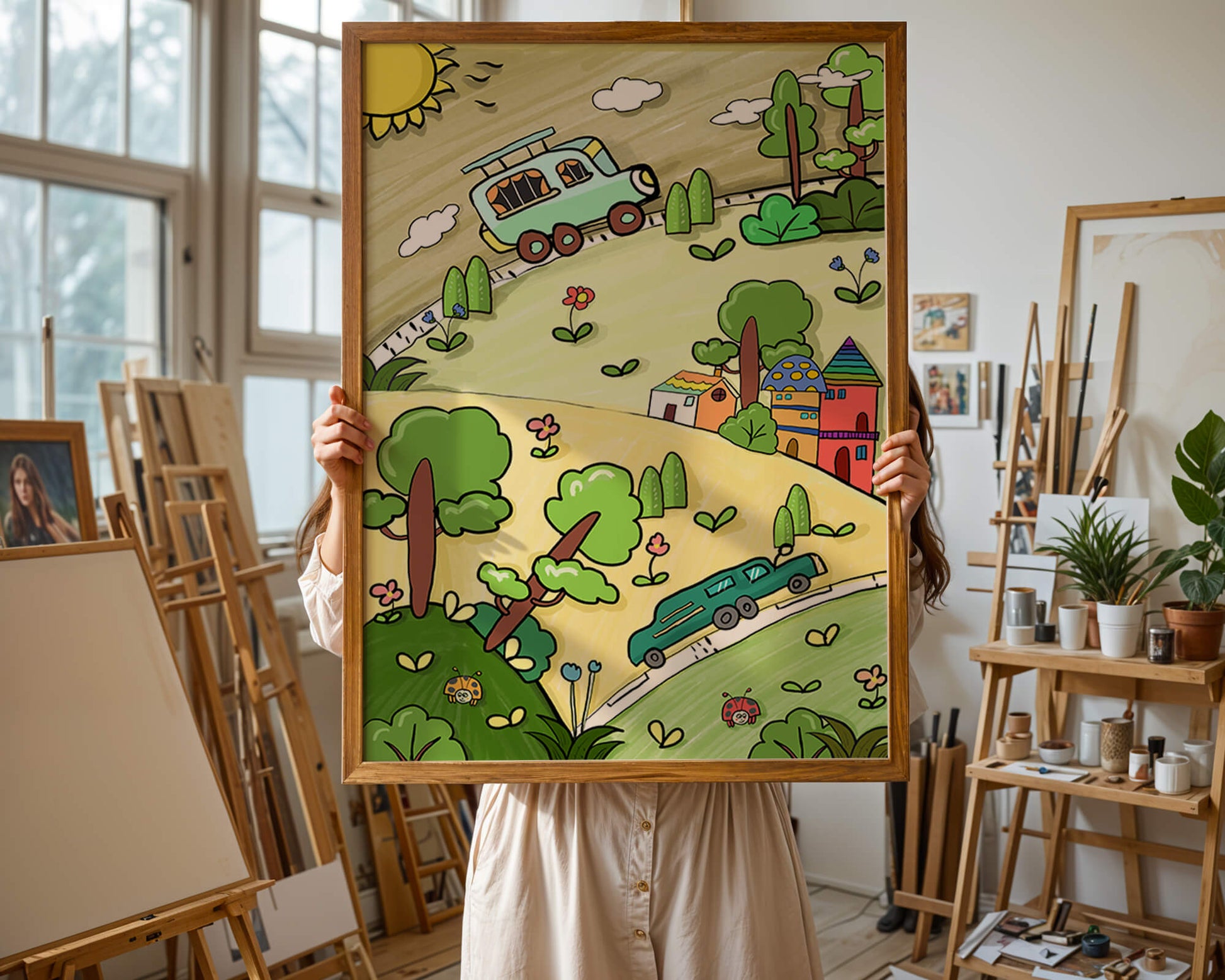 Whimsical landscape with houses, cars, and colorful flora