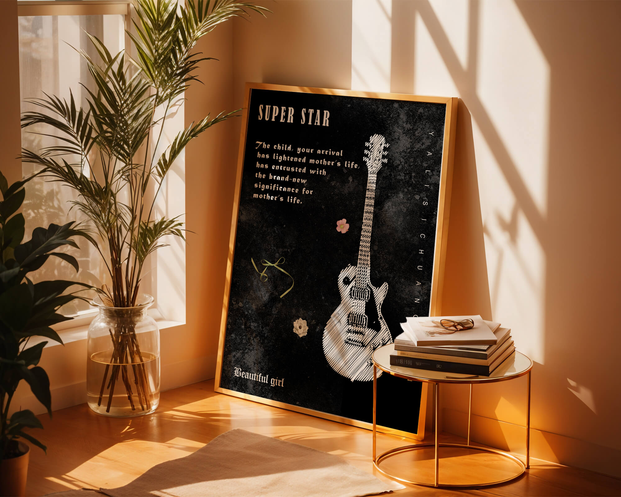 Artistic black and white guitar illustration with heartfelt text