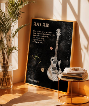 Ilustración de guitarra en blanco y negro artística con texto conmovedor