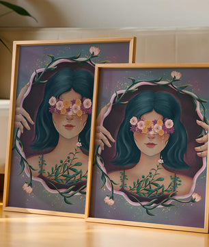 Portrait enchanteur d'une femme aux yeux floraux et aux cheveux noirs