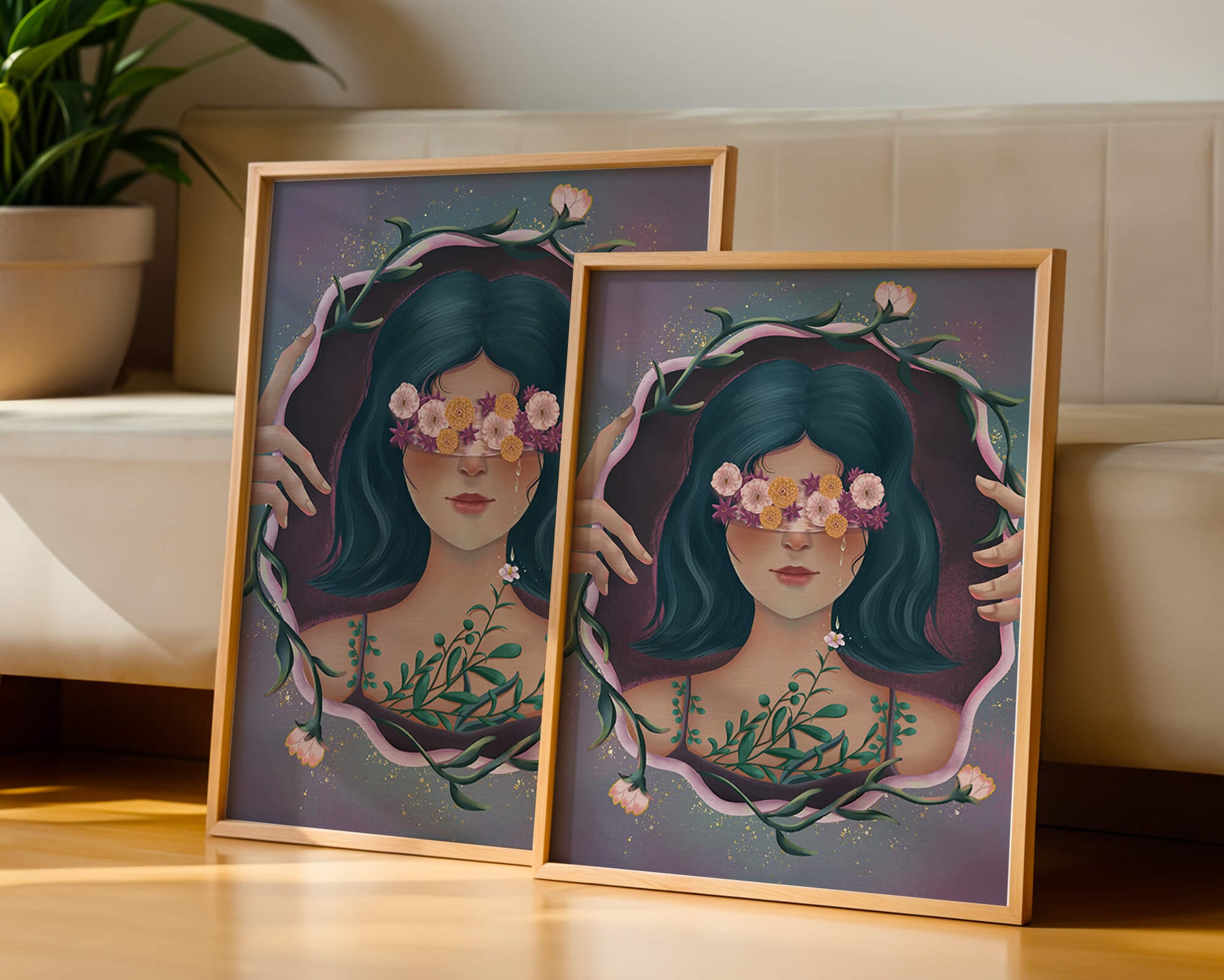 Retrato encantador de una mujer con ojos florales y cabello oscuro