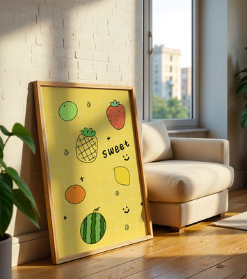 Playful fruit pattern on yellow grid background