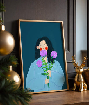 Illustration of a woman with purple flowers on a teal background