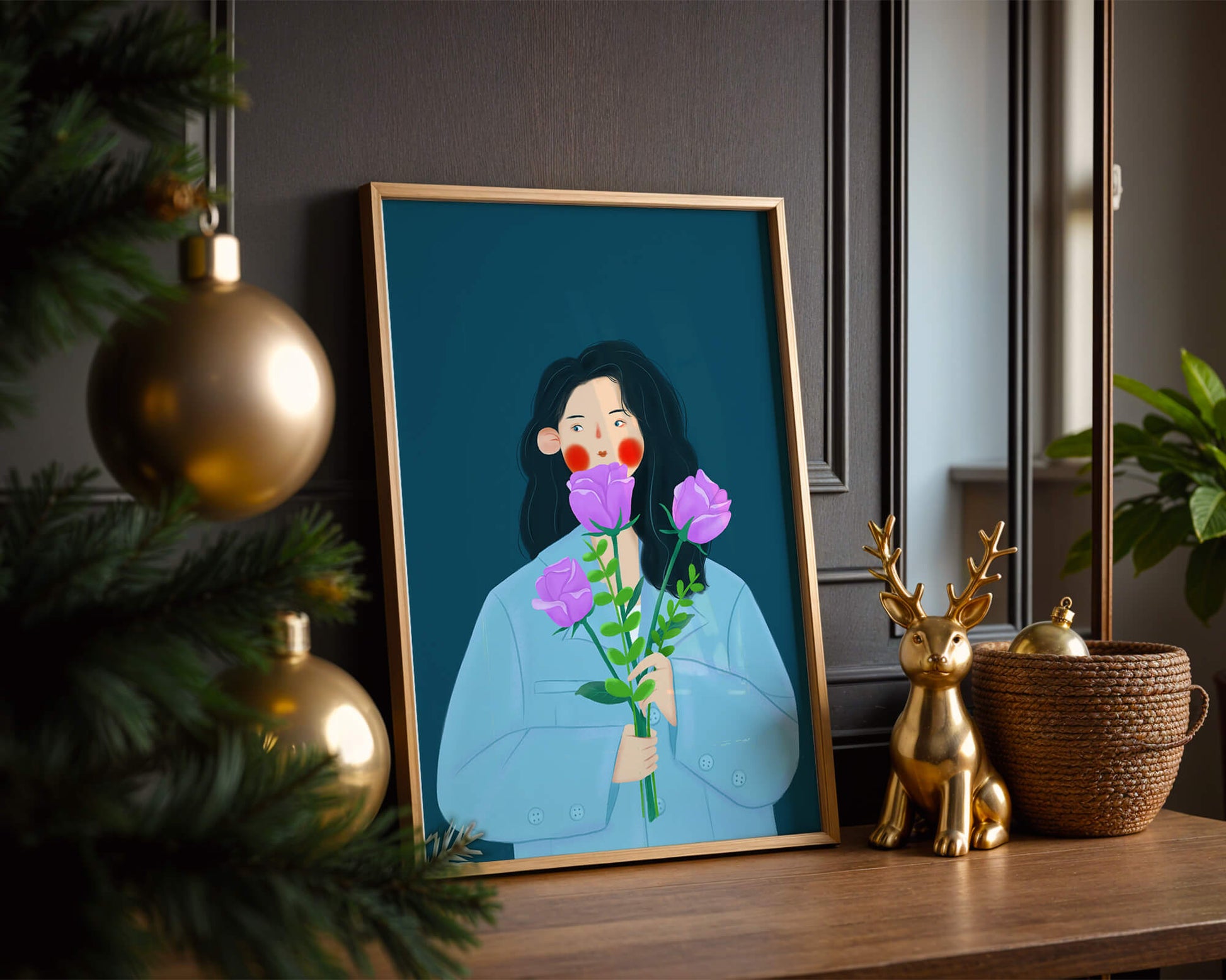 Illustration of a woman with purple flowers on a teal background