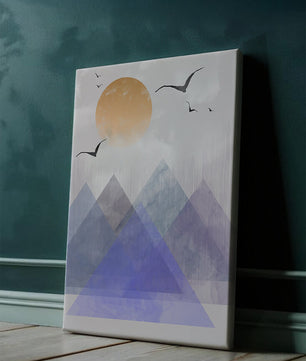 Abstract Mountain Landscape with Geometric Elements and Soaring Birds